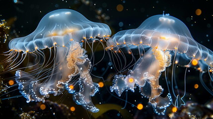 Obraz premium A pair of jellyfish entwined, their lights blending to create a mesmerizing display. Luminous Jellyfish in the Deep Ocean
