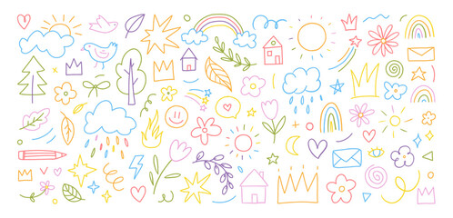 Hand drawn colored set of simple decorative childish elements. Various kid outline icons. Various simple vector illustrations such as hearts, crowns, cloud, sun, flowers, stars, houses, trees, lines.