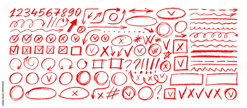 Aufkleber Various red crayon drawn elements for hand drawn notes, diagrams and journal. Underline and emphasis pencil elements, check marks, numbers and arrows. Vector charcoal punctuation marks.