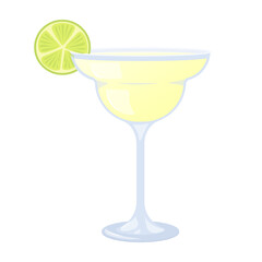 Summer cocktail. Margarita cocktail with lime in a glass, summer tropical alcoholic drink. Beach Holidays, summer vacation, party, cafe-bar, recreation concept. Isolated vector Illustration.