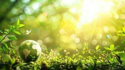green background with planet earth, plants and butterflies