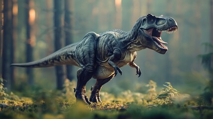 Naklejka premium A dinosaur stands in a misty forest landscape, bathed in soft sunlight filtering through the trees. The scene captures a moment of silent power and ancient beauty in nature.