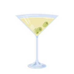 Illustration a martini glass with olives, alcoholic drink. Beach Holidays, summer vacation, party, cafe-bar, recreation concept. Isolated vector Illustration.