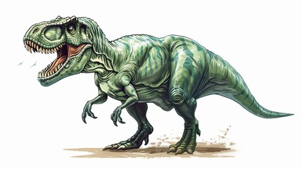 A whimsically-designed dinosaur in a green hue, representing a cartoonish interpretation of a T-Rex with exaggerated friendly features and an imaginative portrayal of dinosaur life.