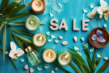 Spa Sale with Candles and Flowers.