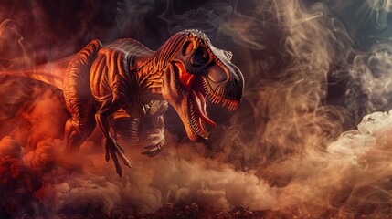 A fiery red T-Rex is seen in an ominous, smoke-filled environment, highlighting its fierce nature and adding to the dramatic tension and visual impact of this prehistoric creature.