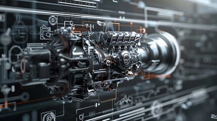 Fototapeta premium A complex, high-tech mechanical device featured against a technical backdrop, highlighting its detailed engineering and futuristic design with intricate components.