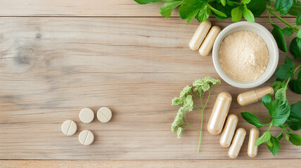 A variety of herbal supplements and capsules arranged with fresh herbs on a wooden surface.