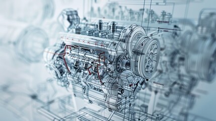 A technical blueprint showcasing a highly detailed architectural drawing of a mechanical engine with various parts labeled, representing precision engineering and planning.