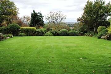 Expansive lawn with lush green grass and colorful flower beds serene and peaceful outdoor space vibrant garden landscape