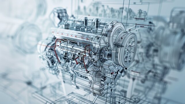 A technical blueprint showcasing a highly detailed architectural drawing of a mechanical engine with various parts labeled, representing precision engineering and planning.