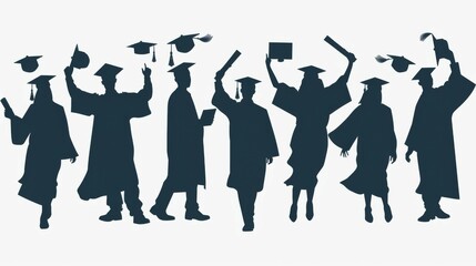 Silhouettes of multiple graduates captured mid-motion while tossing their caps into the air in celebration of their academic achievements, symbolizing joy and new beginnings.