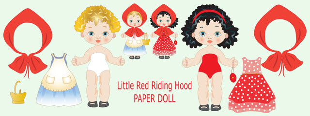 Double illustration of little red riding hood paper doll with doll and different clothes