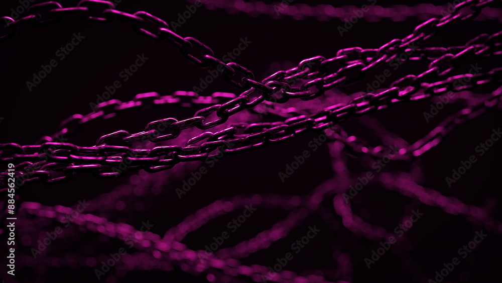 Poster intertwined metal chains are illuminated in a dark space by purple lighting. the chains create a net