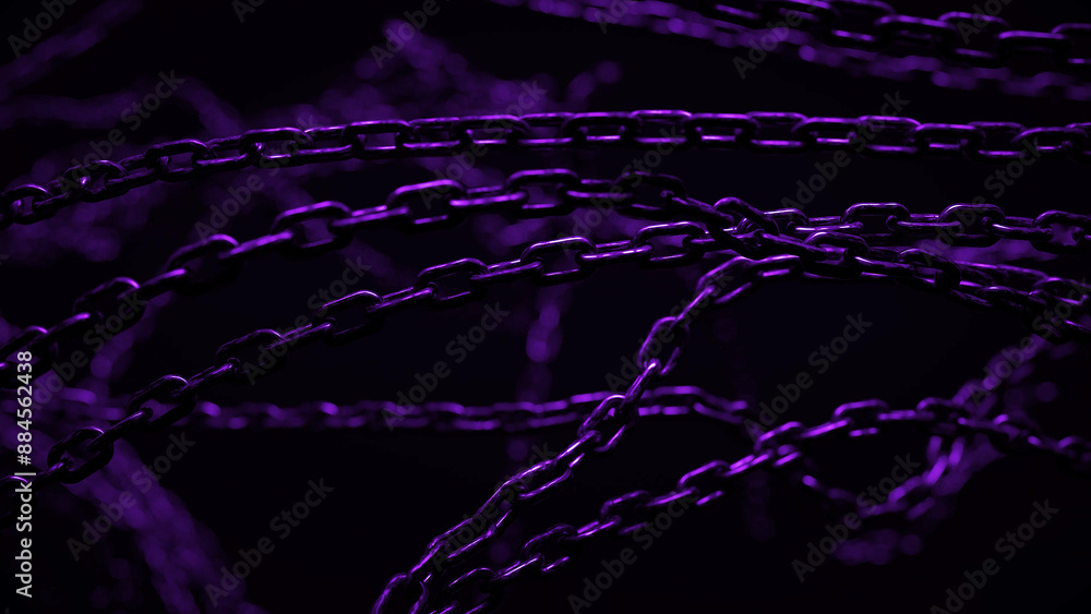 Poster multiple intertwined chains, glowing purple in the dark, create a textured pattern.
