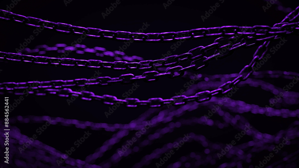 Poster multiple chains hang in a dark purple void.