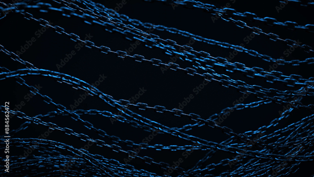 Aufkleber multiple blue chains hang against a black backdrop, creating a web-like pattern.