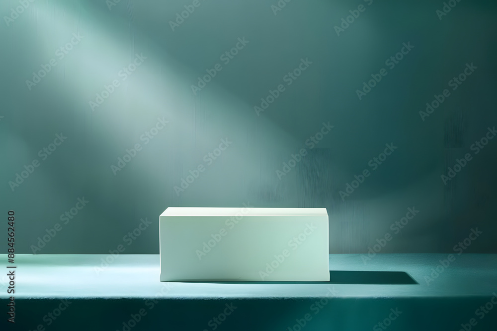 Poster minimalist rectangular white block positioned on a teal surface, with a smooth teal backdrop and sof