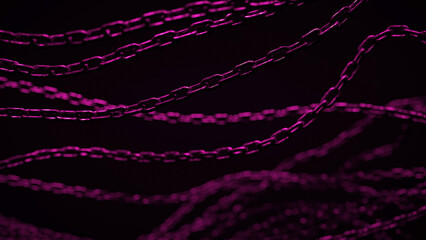Multiple chains hang in front of a dark background, illuminated in a soft, pink glow. The chains appear to be moving, creating a dynamic and slightly unsettling image.