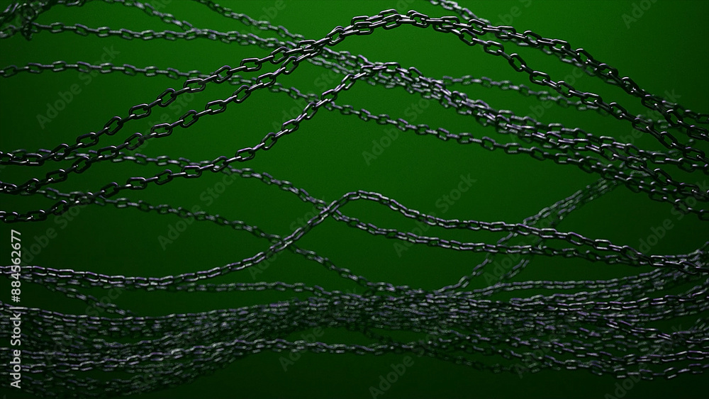 Poster multiple metal chains are suspended against a green background, appearing to float and move in a var