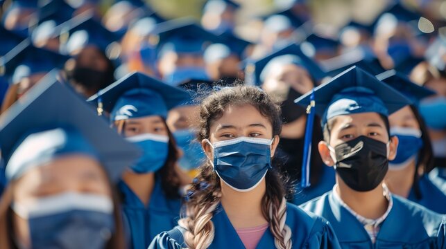 A large number of students are attending a graduation ceremony wearing blue graduation gowns and caps, celebrating their achievement together on a sunny day outside.