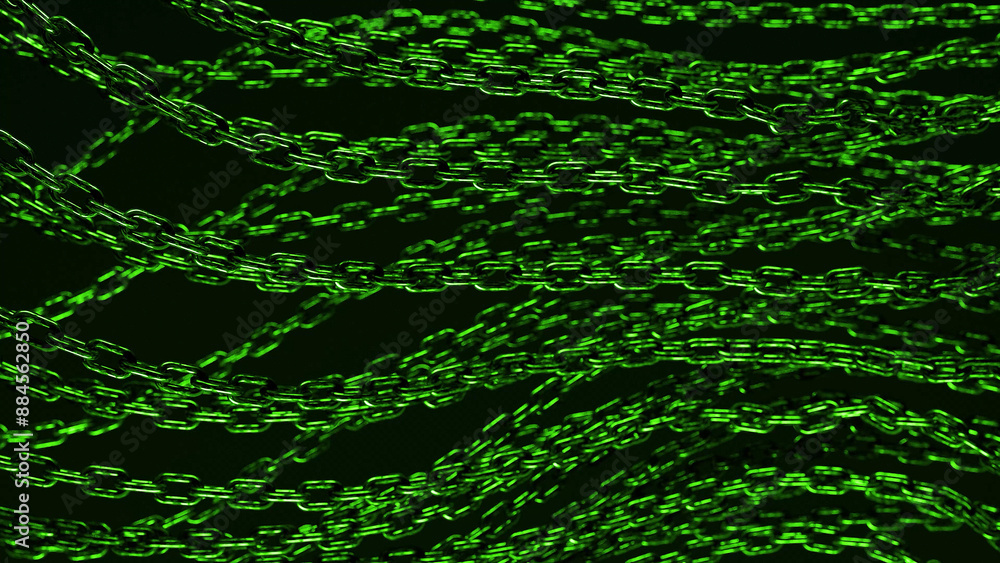 Poster green chains are shown against a black background. they are arranged in a diagonal pattern, with som