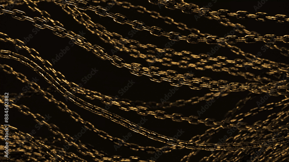 Poster multiple golden chains are laid out in a diagonal pattern against a black background.