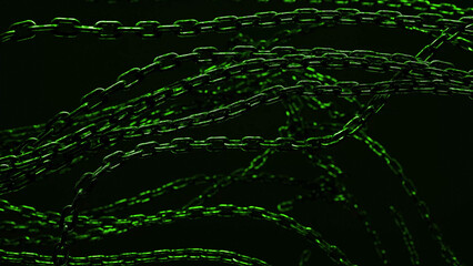 Intertwined green chains with a black background.