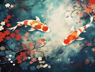 Decorative Asian background in oriental Japanese style with koi fish and flowers in the background.