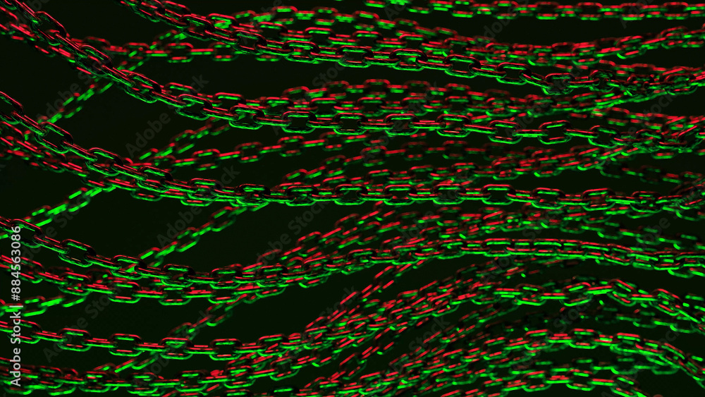 Poster multiple chains lay intertwined, illuminated in green and red light against a black background.