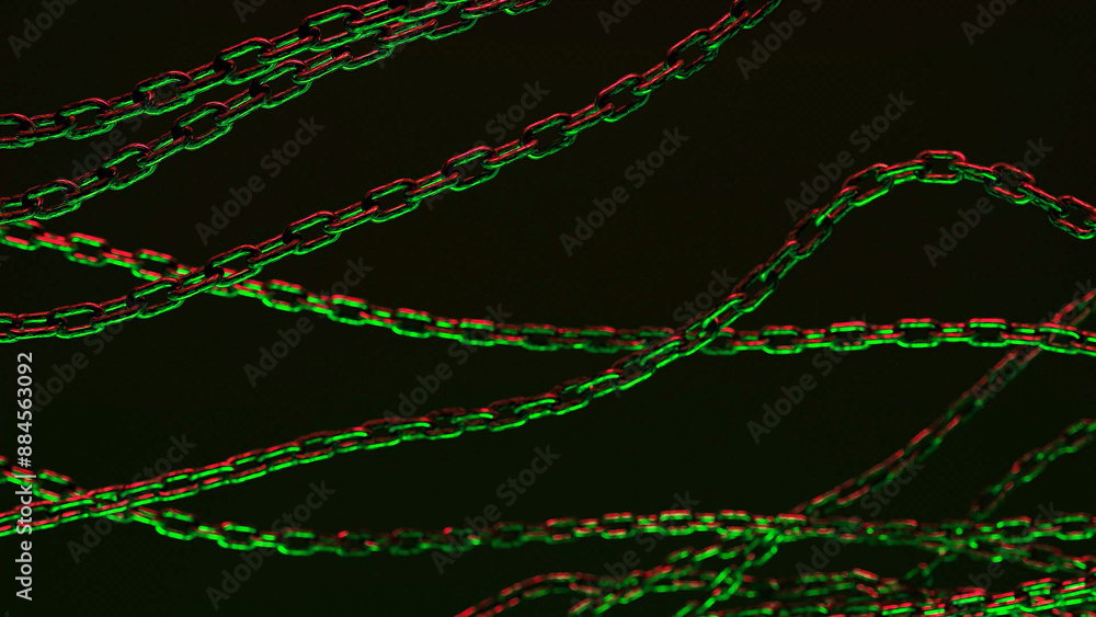 Poster multiple metal chains lay intertwined on a dark background. some of the chains are highlighted with 