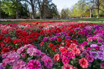 Expansive flower field with vibrant pink and red blooms under clear blue sky on a sunny day