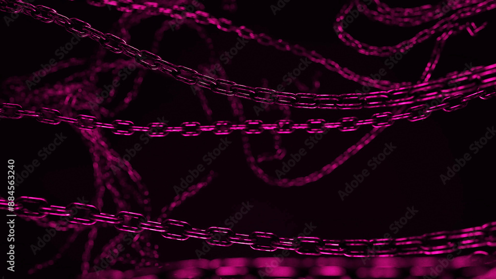 Poster pink chains are arranged in a chaotic pattern against a dark background.
