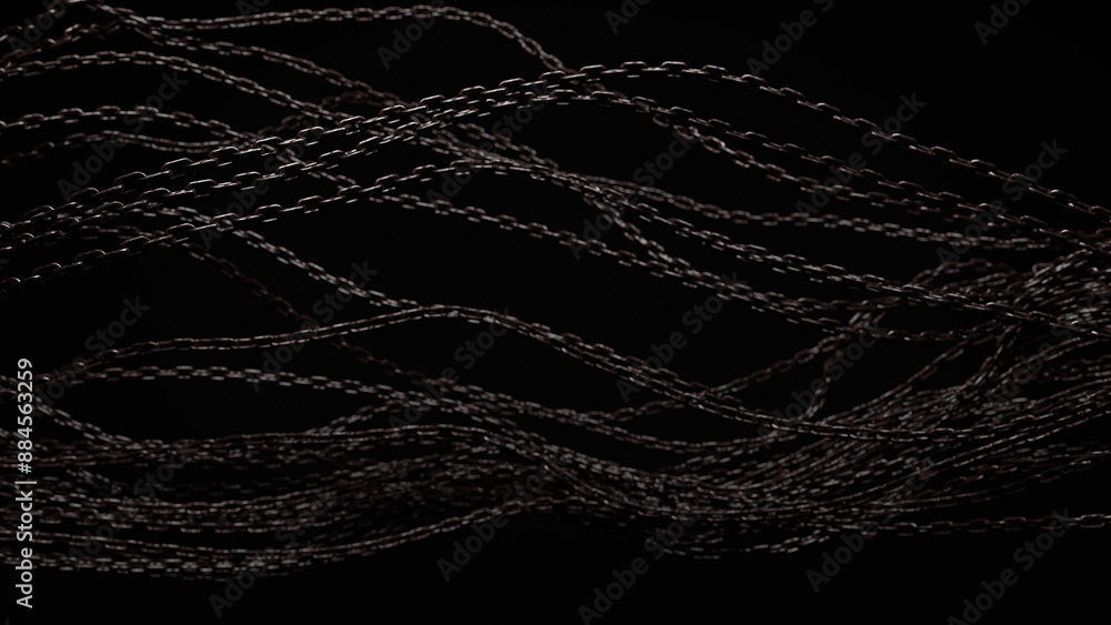 Poster a close-up of multiple chains intertwined and hanging against a dark background.