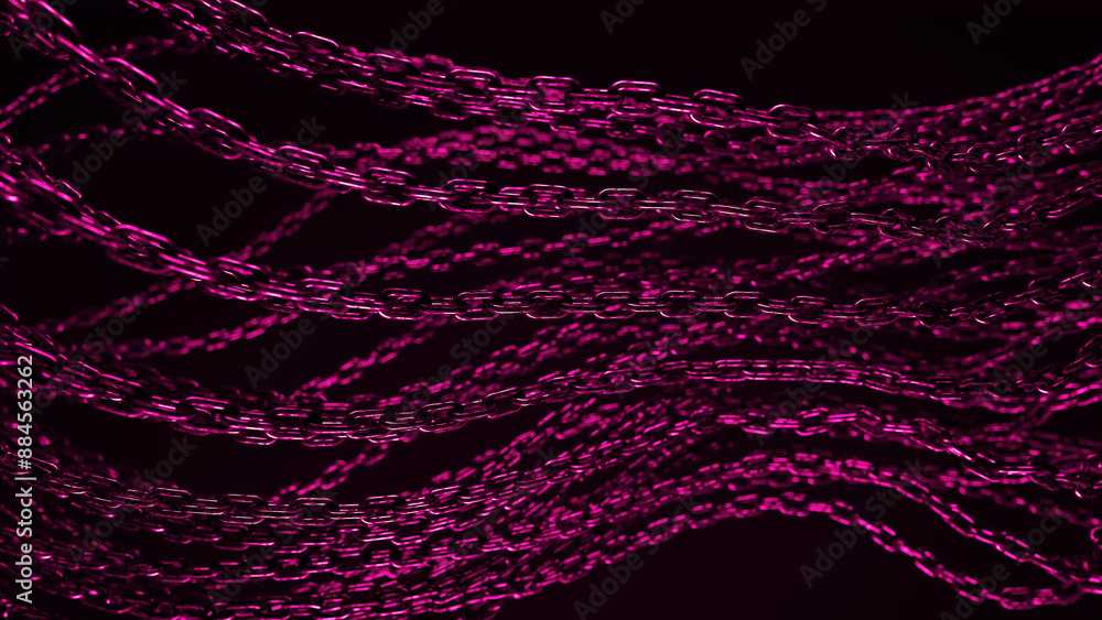Poster multiple pink chains are laid out against a black background. the chains are flowing and overlapping