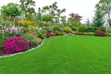 Obraz premium Manicured garden lawn with colorful flower beds bushes and tall trees in a serene setting