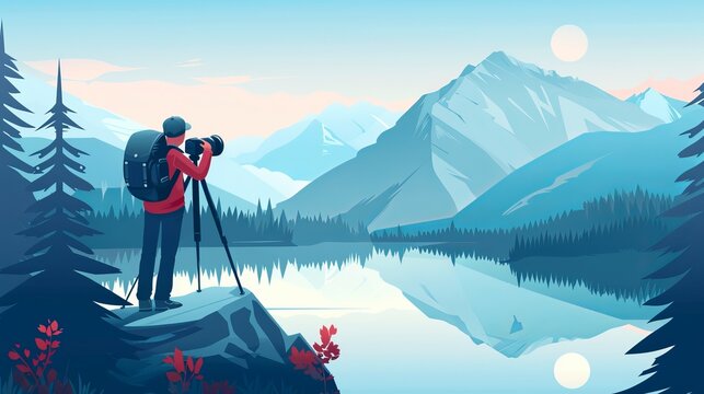 A lone photographer stands on a rock with a tripod, capturing the serene sunrise view of a mountain lake, surrounded by trees and distant mountain peaks in soft hues.