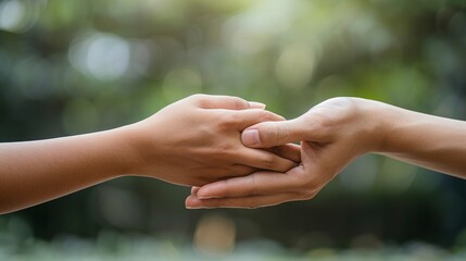 Two hands gently clasped together in an intimate, affectionate gesture, symbolizing support, unity, and emotional connection, with a blurred natural background.