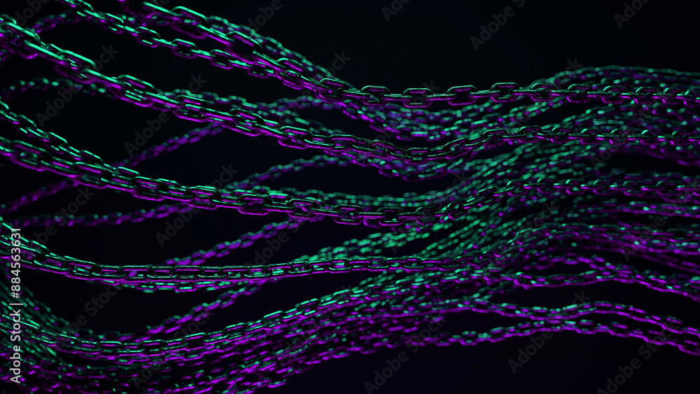Aufkleber multiple silver chains lay on a dark background, illuminated by green and purple lights, creating a 