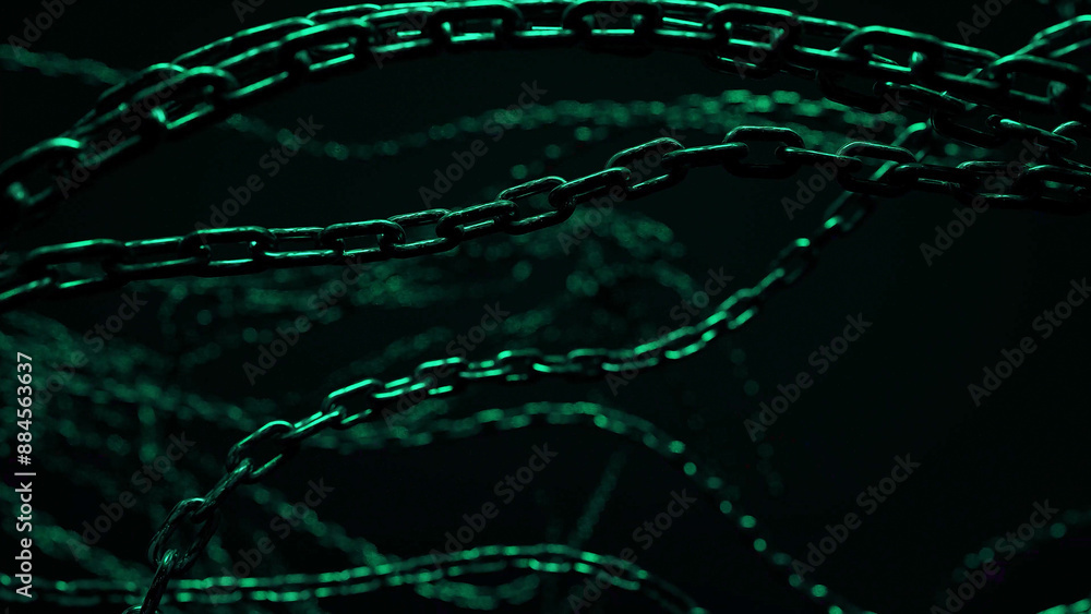 Poster a close-up shot of several intertwined metal chains illuminated with green light. the chains appear 