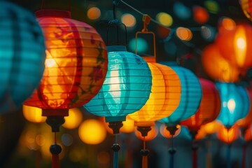 Obraz premium Vibrant array of paper lanterns shining brightly against the evening sky