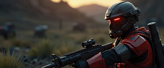 Obraz premium A cyborg soldier fighting in a warzone movie story seen trail cam footage, rear view, wide angle shot, a striking contrast against the soft, blurred background