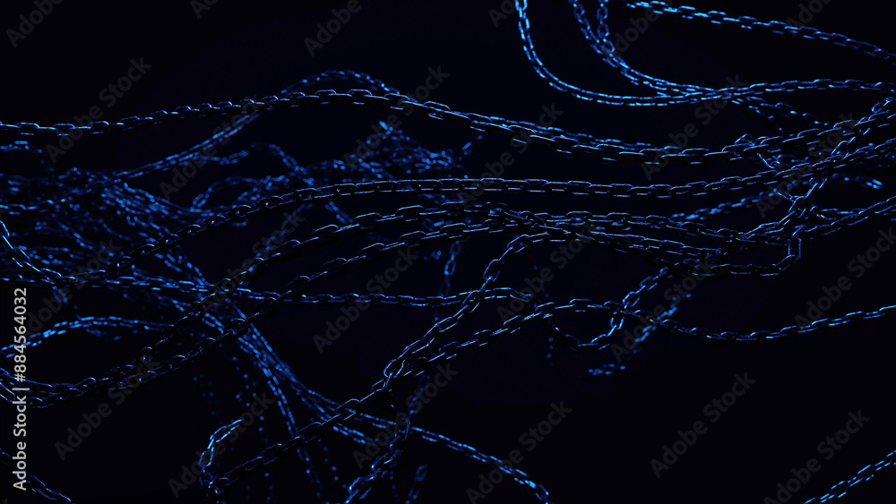 Poster intertwined blue chains lie on a dark surface. the chains are arranged in a chaotic manner, with som