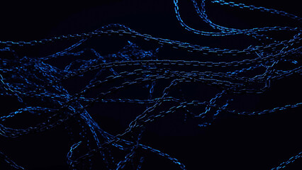Intertwined blue chains lie on a dark surface. The chains are arranged in a chaotic manner, with some sections overlapping.