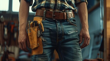 Detailed close-up of a tool belt equipped with various tools and a worker's hands visible, showcasing the readiness and versatility of the wearer in a work environment.