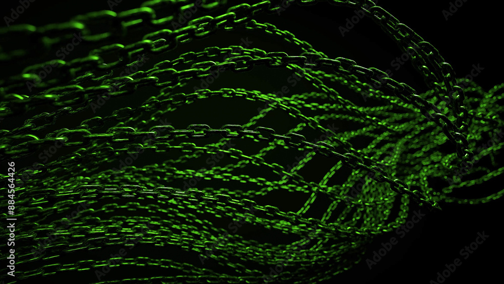 Aufkleber a close-up of multiple green metal chains linked together, flowing in a wavy pattern against a dark 