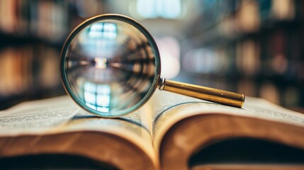 A magnifying glass placed over an open book in a well-lit library, highlighting specific text. The background showcases a serene, knowledge-rich environment perfect for study.