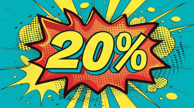 Colorful comic book style sale sign with 20% discount in vibrant pop art design