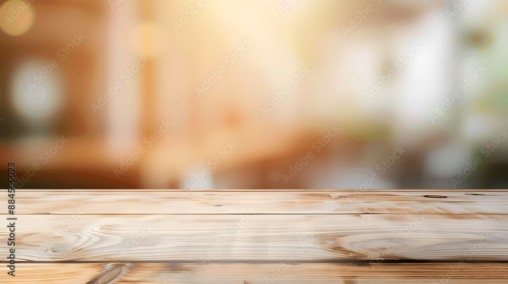 Poster Empty wooden table on blurred background with smooth table surface texture. 
