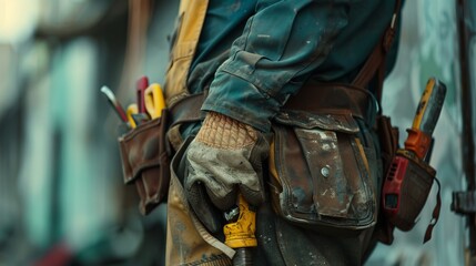 A construction worker with a heavily-laden tool belt and worn gloves, standing ready to undertake hard tasks, representing the spirit of manual labor and readiness.